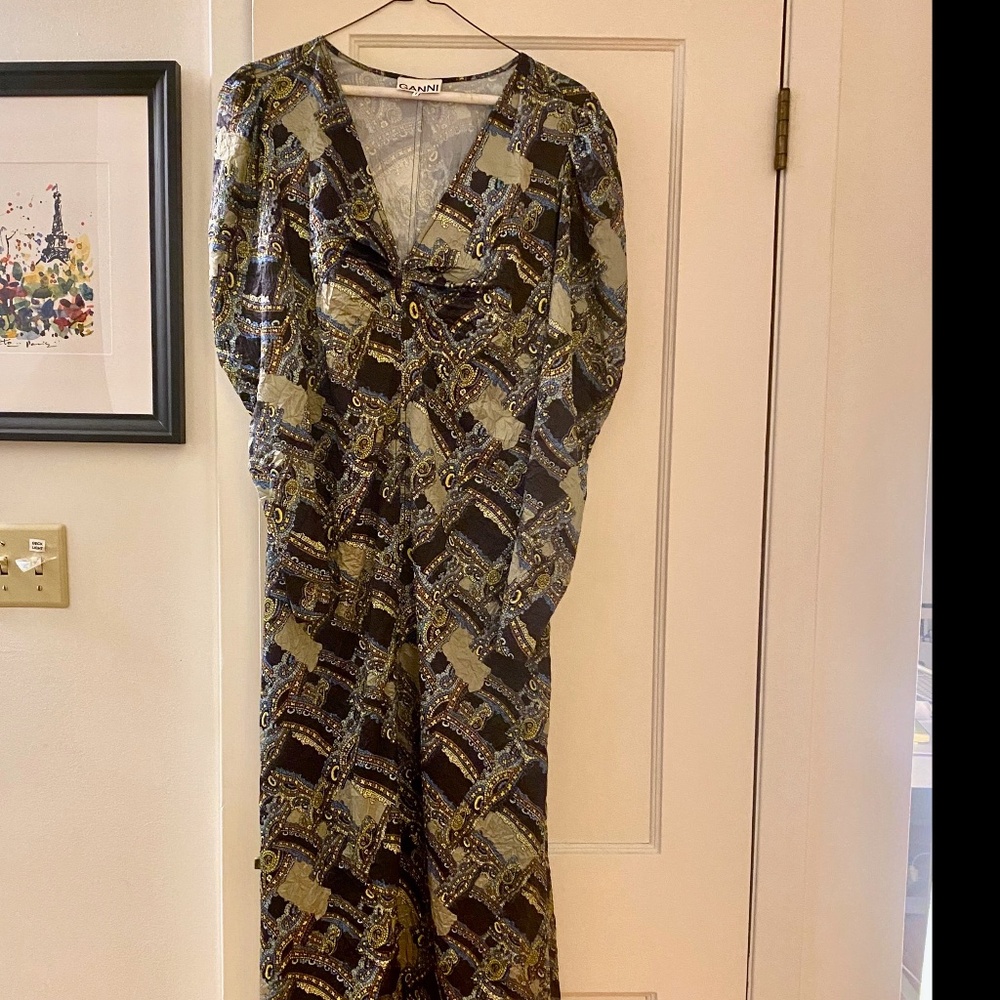 GANNI Long Sleeve Crinkled Satin Maxi Dress  - Paisley Weave Black - Sz.6